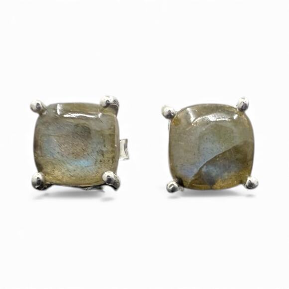 Natural Labradorite Cabochon Stud Earrings 925 Sterling Silver Handmade - Picture 2 of 5